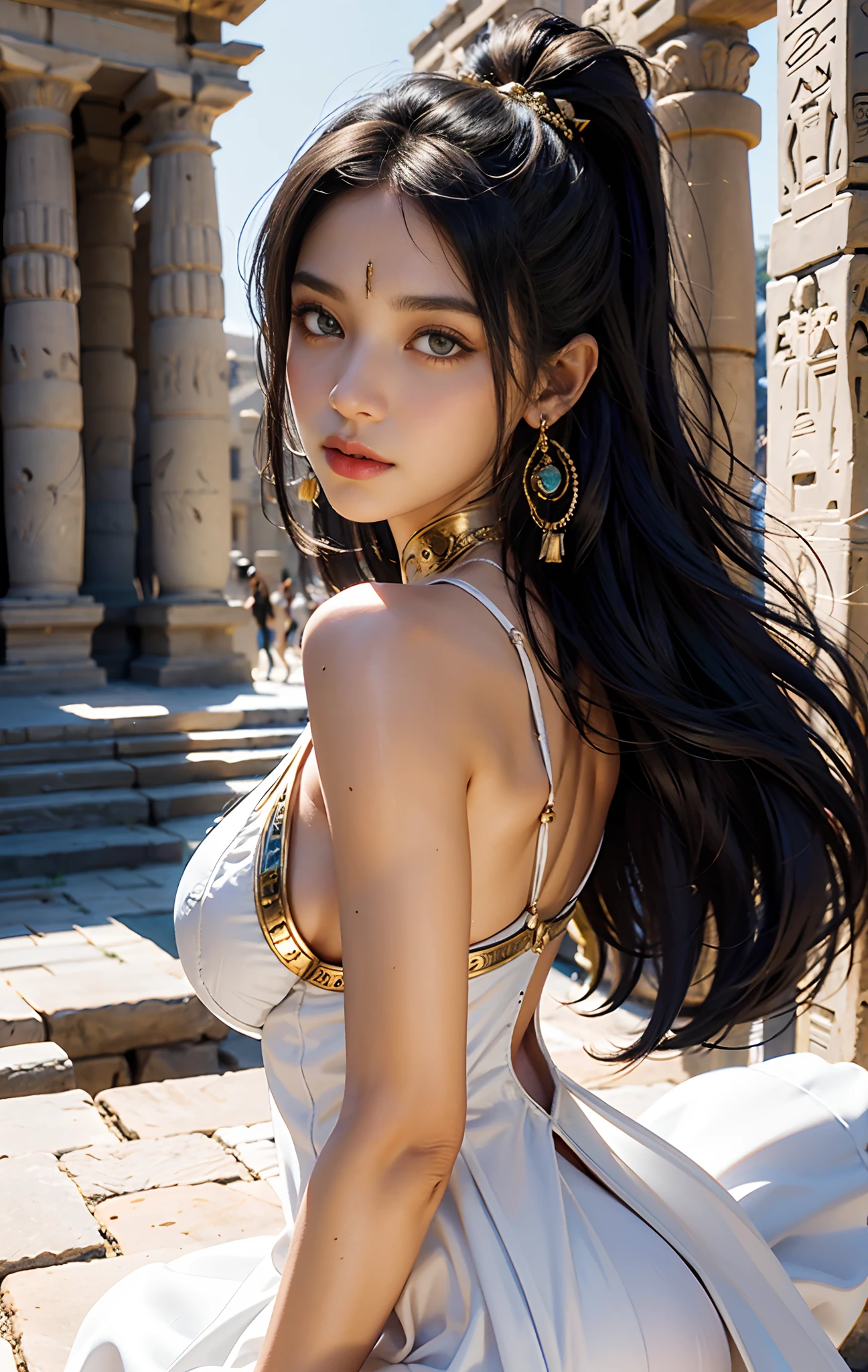 （Ancient Egyptian temples：1 girl with black hair,An Egyptian princess）， tmasterpiece， best qualtiy， RAW photogr， realisticlying， the face， Incredibly Ridiculous res，， ear studs， (flowing long black hair)，eye shadows，Authentic ancient Egyptian white long dress，jewelry，leg loops，depth of fields， A high resolution， ultra - detailed， filigree， RAWE is very detailed， very detailed eyes and faces， Sharp pupils， realistic pupil， tack sharp focus， cinmatic lighting，full bodyesbian，Bigboobs，long leges，From the front side，Desert Egyptian Temple，Nile River，dynamicposes，Normal posture，closeup of face