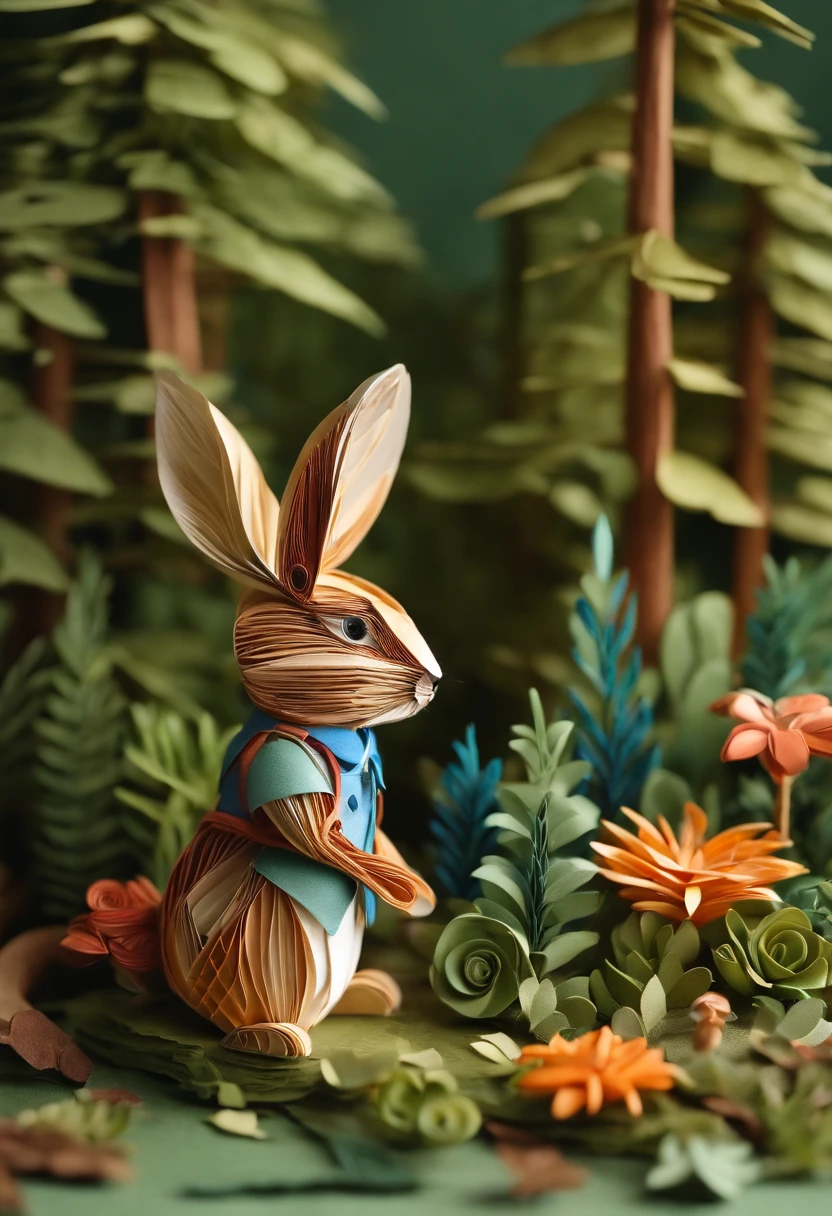 Paper quilling Peter Rabbit in the forest,Multidimensional origami stitch style illustration,Paper seam style snake