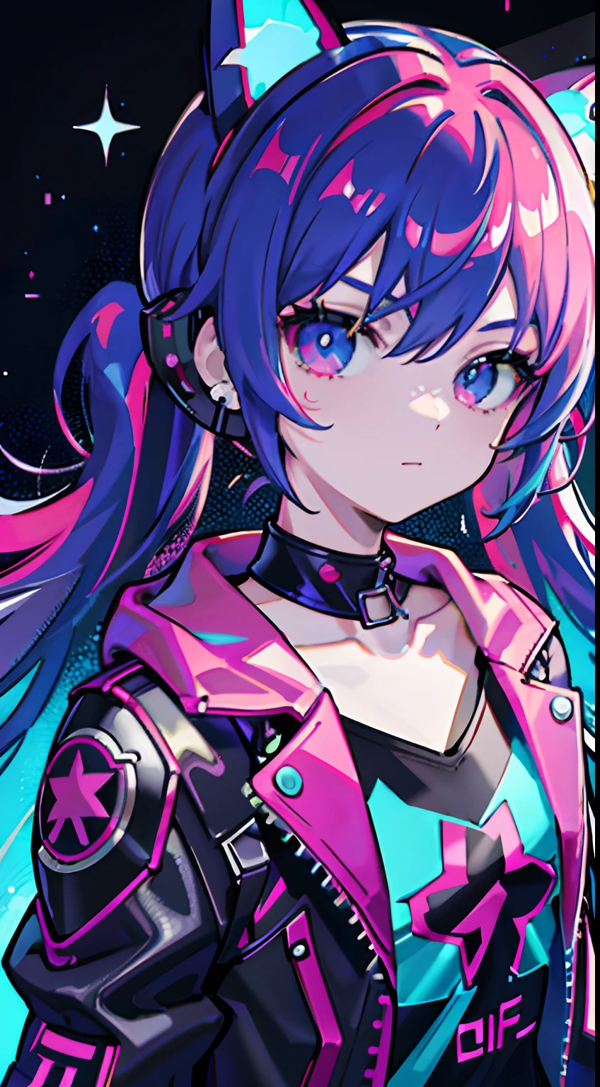 Masterpiece, best quality, colorful, a teenager with colorful pigtails wearing a detailed leather jacket and anime tee-shirt touching a translucent panel, in a dark void filled with small intense light particles,   jacket off a shoulder, floating screens in front, dramatic viewing angle, dynamic pose, (face focus close up:1.2), detailed headphones earings cat with neon ears, contrast, colorful hair, colors combination, bright, red hair, blue hair

All in view

Depth of field, high resolution, extreme intricate details, dramatic shadows, global illumination