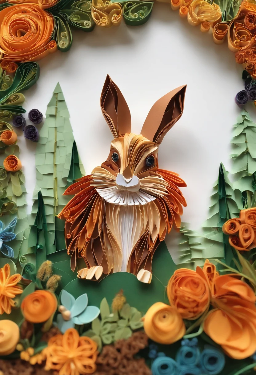Paper quilling Peter Rabbit in the forest,Multidimensional origami stitch style illustration,Paper seam style animal pony