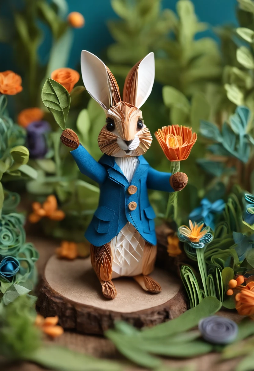 Paper quilling Peter Rabbit in the forest,Multidimensional origami stitch style illustration,Paper seam style animal pony