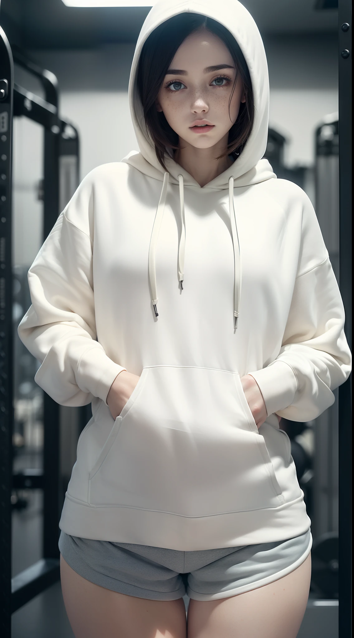 (dynamic pose:1.3),1girl,pale skin,delicate face,freckles,intricate details,(hoodie,gym shorts:1.3),small waist,(wide thigh gap:1.3,thick thighs:1.3),white background,(best quality:1.2,ultra-detailed,realistic:1.37),portrait,soft colors,polished lighting