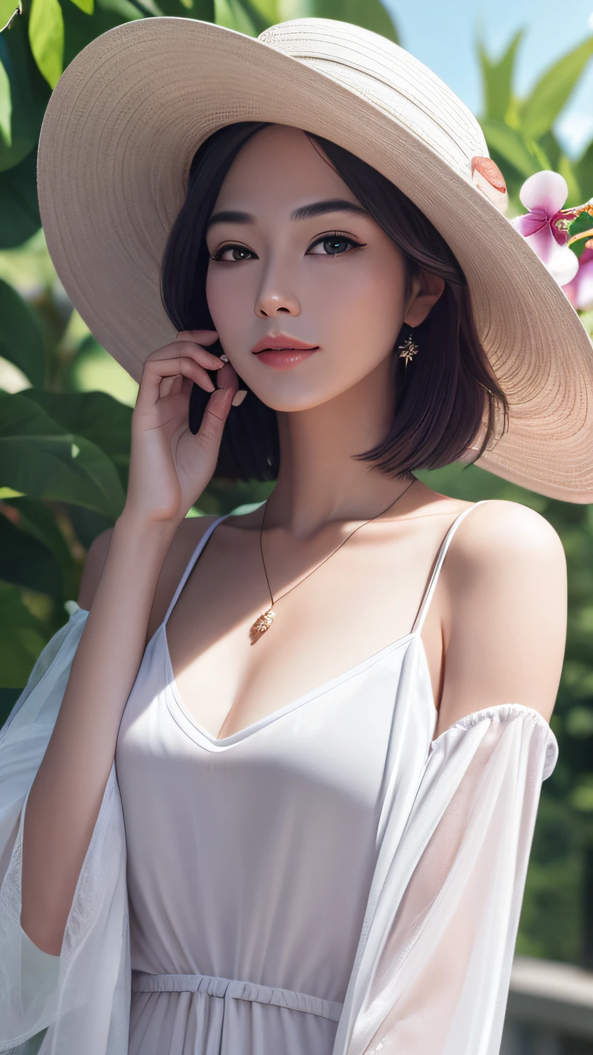 masterpiece,ultra realistic,32k,extremely detailed CG unity 8k wallpaper, best quality,
Vancouver, Canada, ( plum Styling with a statement hat ) ,((summer day )), Classic bob with blunt ends ,eardrop,lady ,necklace,