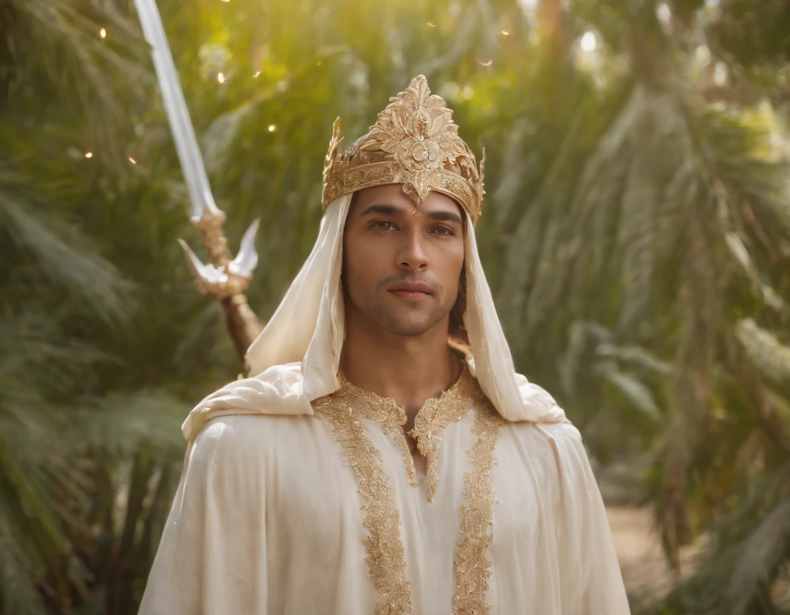 Um anjo com grandes asas, uma espada, A hood over his head in the background image of paradise (celestial)
