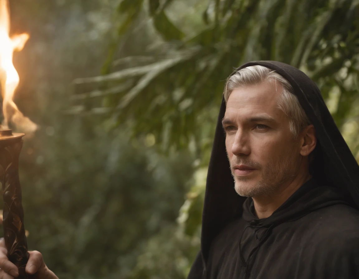 Um anjo com grandes asas, uma espada, A hood over his head in the background image of paradise (celestial)