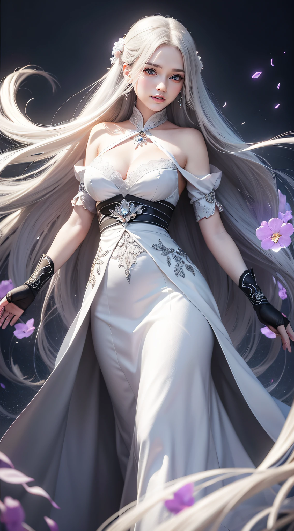 Beautiful detailed woman,very detailed eyes and faces, A detailed eye, ultra - detailed, A high resolution, The is very detailed,best qualtiy,illustratio,unified,8k 壁纸,tmasterpiece,best qualtiy,1girll,looki at viewer,face to the viewer,Flowing white hair,Long gray hair,black long dress,fond violet,abstract backgrounds:spark of light,Random dynamic pose,Enticing smile,Surreal 8000 grams,Impeccable,tmasterpiece,professionalartwork,famousartwork,电影灯光,cinematicbloom,Perfect face,beautifulface,fanciful,dream magical,Not real,intricately details,delicate patterns