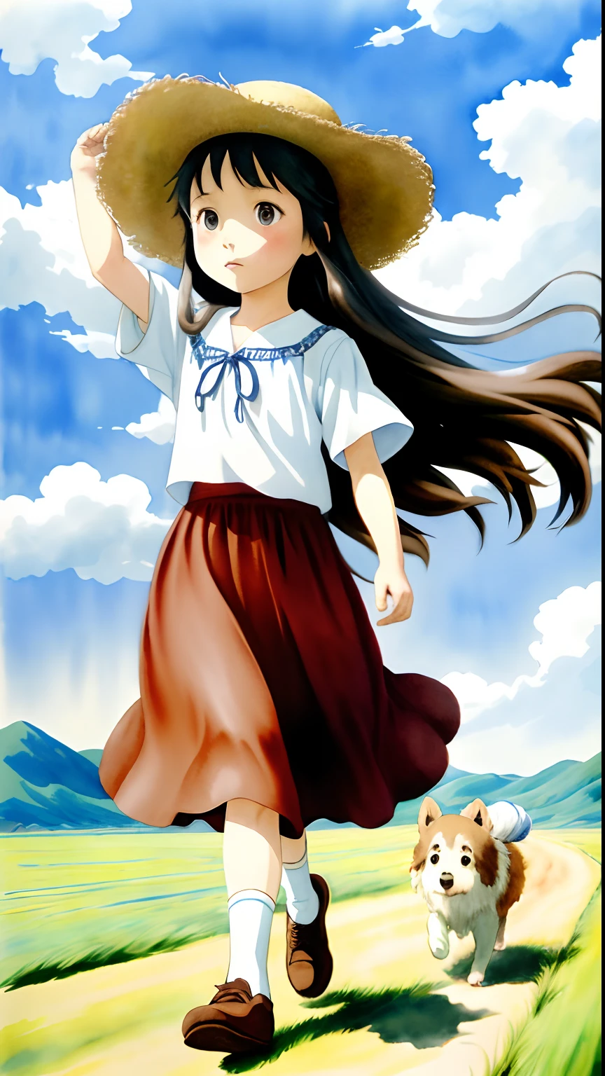 A little girl with long hair and her puppy are running across the prairie,Wear long skirts,With a straw hat,Run on the steppe,Blue sky and white clouds,Hayao Miyazaki,WaterColor style