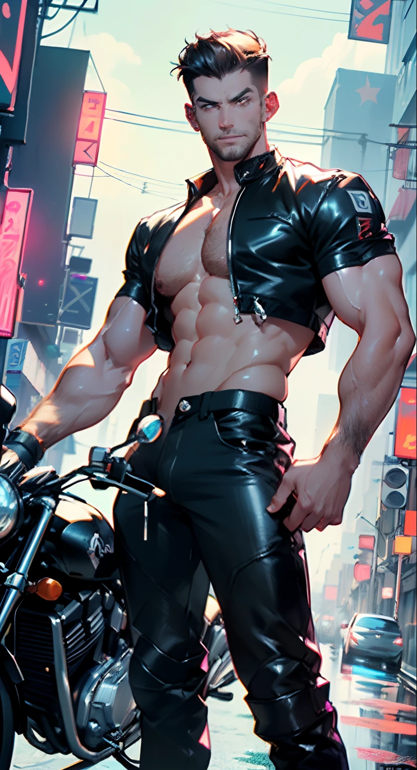 muscular man,(((1man))),((man muscular)),
(((1male,man:1.5,handsome man,male,male gender:1.5,male focus))),
((short white hair)),(((lustrous skin:1.5,tanned skin,bright skin: 1.5,skin tanned,shiny skin,very shiny skin,shiny body,illuminated skin))),((detailed eyes,perfect eyes,rainbow glows ultra-detailed orange brown eyes:1.1,gradient eyes:1,finely detailed beautiful eyes:1,symmetrical eyes:1,big highlight on eyes:1.2,exaggerated muscles,exaggerated shoulders,very muscular and huge)),man chest,handsome face,((((muscular,hairy body,muscular man,tall,big biceps,abs,big thighs,broad shoulders,open chest)))),((hand consists of a short thumb and four fingers,a hand with only five fingers,(detailed face))),(((square jaw))),
alluring look,nsfw,
(((bare chest,shirtless))),motorcyclist pants,((bulge in pants)),((motorcyclist outfit)),(wearing a motorcyclist outfit:1.3,motorcyclist clothes),((wet clothes,detailed outfit,detailed clothes)),
(dynamic pose:1.0),solo focus,((evil smile,evil look)),(centered,scale to fit dimensions,Rule of thirds),
cyberpunk city by the ocean at night, with bright neon signs and dark stormy clouds and puddles,
High resolution, sharp focus, (ultra detailed, extremely detailed), (photorealistic artwork:1.37), 8k wallpaper,((synthwave background theme)),(((vibrant colors,))),(intricate),masterpiece,(best quality),synthwave neon colors,