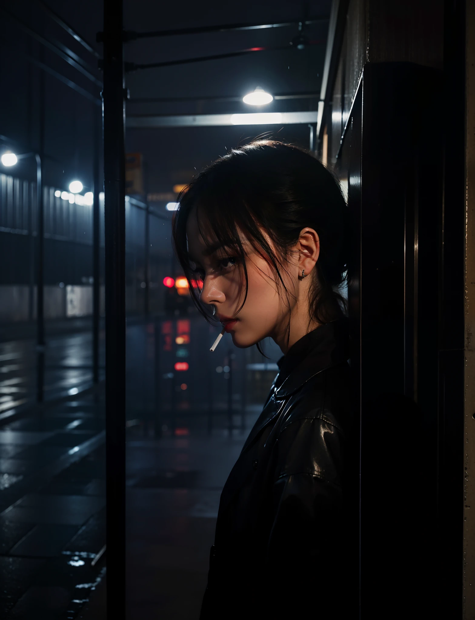 Lonely person smoking background at night in heavy rain