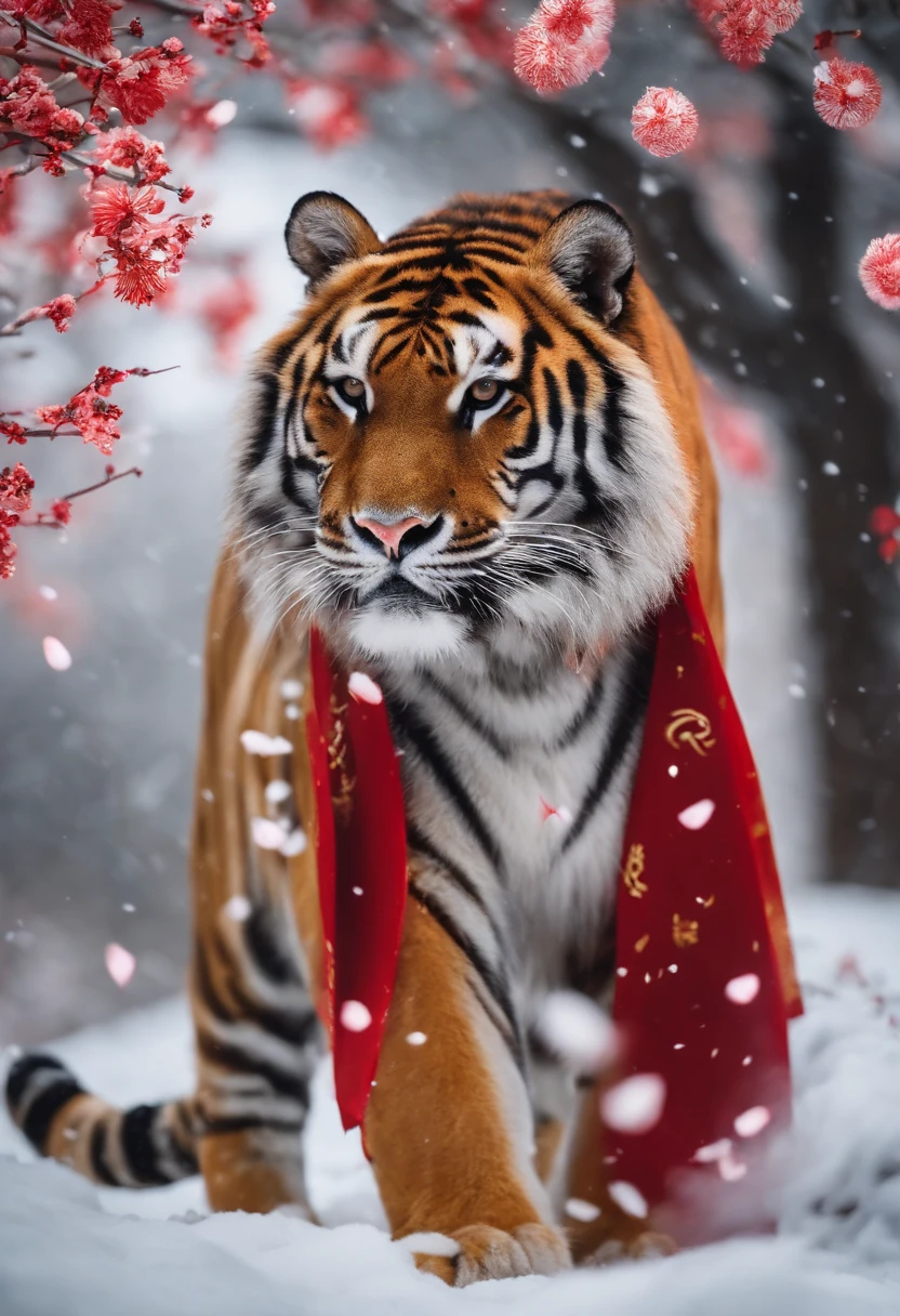 In the plum grove,Falling petals and snow are the background,Bright lighting,The zodiac tiger is the subject,Wearing Tang dynasty costumes,Red firecrackers,Chinese knot