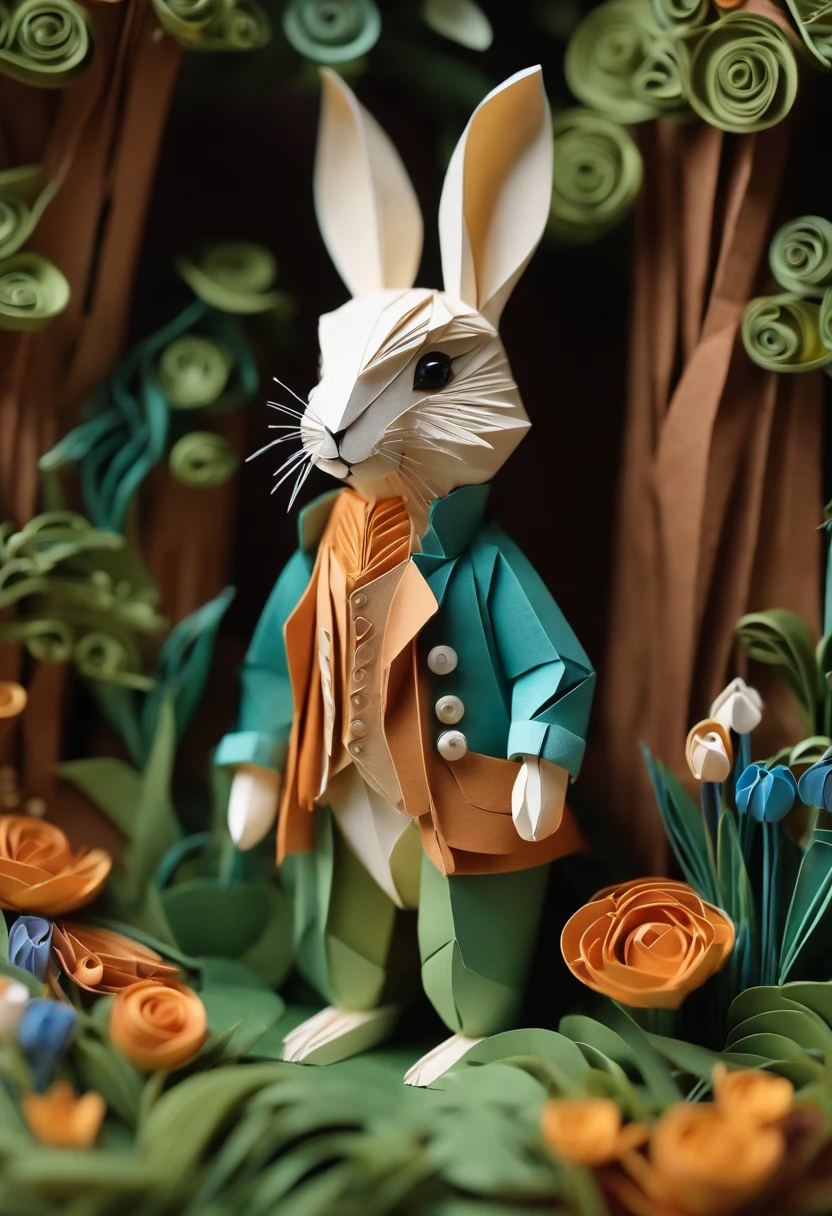 Paper quilling Peter Rabbit in the forest,Multidimensional origami stitch style illustration,Paper seam style animal lamb