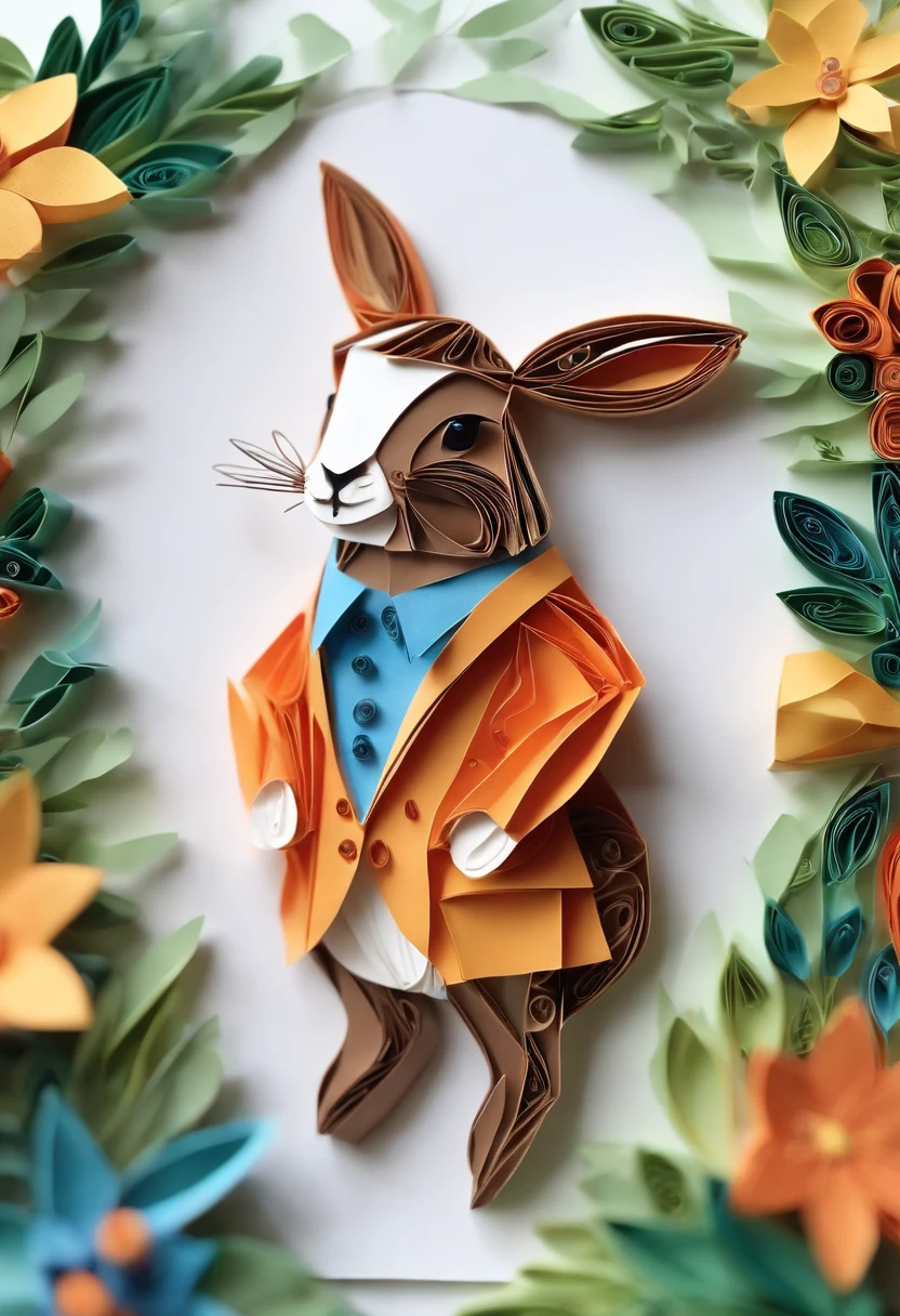 Paper quilling Peter Rabbit in the forest,Multidimensional origami stitch style illustration,Paper seam style animal lamb