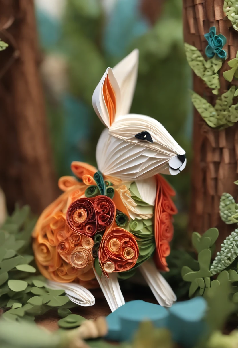 Paper quilling Peter Rabbit in the forest,Multidimensional origami stitch style illustration,Paper seam style animal lamb
