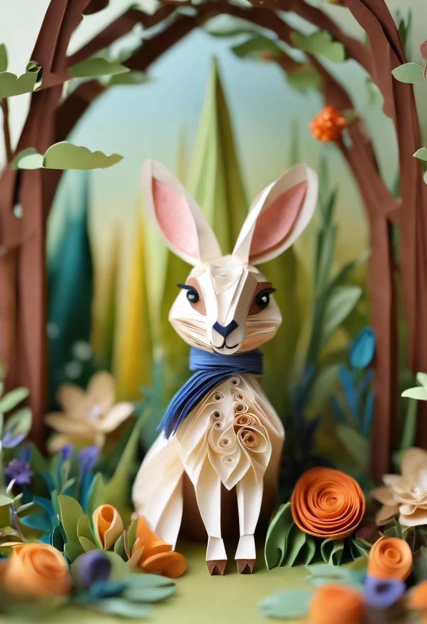 Paper quilling Peter Rabbit in the forest,Multidimensional origami stitch style illustration,Paper seam style animal lamb