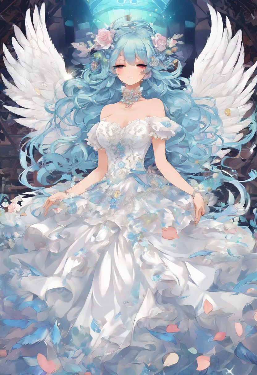 {qual}(masterpiece, best quality, ultra detailed, illustration), absurdres, best quality, Personage as the main perspective
{char}miku, (solo:1.5), 1girl, 5yo, cute, lovely, grateful smile, big bright eyes, (eyelashes:1.2)
{clothes}(white flowy ornate wedding dress:1.5), intricate flowy dress, frilled dress, cleavage, zettai_ryouiki, classic lolita
{angel}(ultra detail huge feathered Angels wings:1.5)
{hairstyle}absurdly long hair, big hair, (light blue hair:1.2), two-tone hair, hair fluttering in the wind, light blue rabbit-ear hair ornaments
{option}White coffee cup, monster girl, sparkle, horror, looking at viewer, evil smile, open mouth, mouth wide open, shouting, animal ears, dynamic angle, cowboy shot, claw pose, fang, dark theme, obake, ghost, grave, night, Edgy lines
