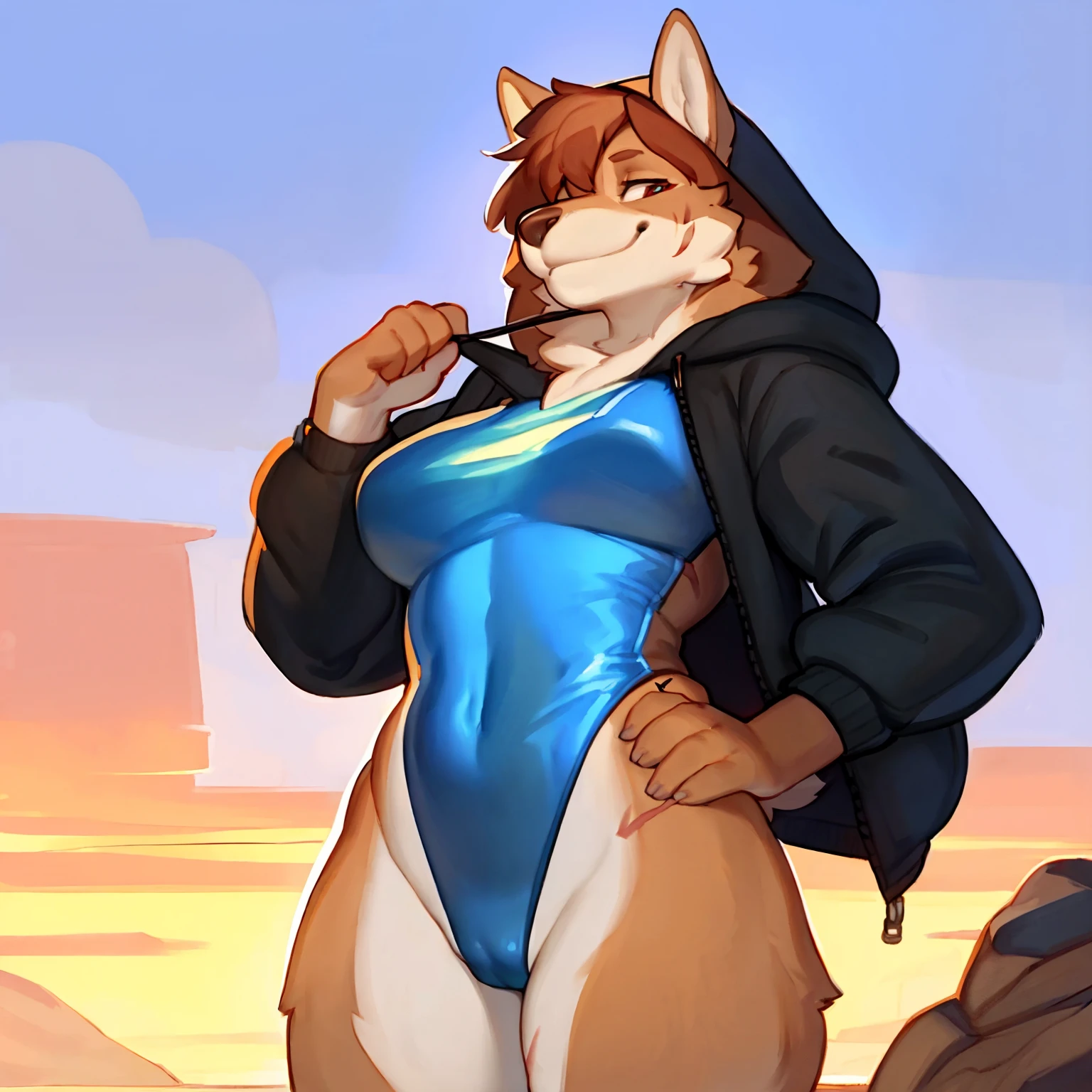 By chelodoy, by zaush, by bebebebebe, by spuydjeks, by meesh, by bigcozyorca, solo, female, muscular, canine, hair, snout, scar on her face, standing, smug, smiling, see through blue leotard, open black short parka, cameltoe