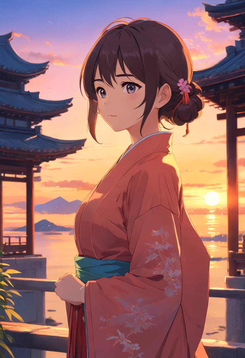 Girl in ancient or traditional Chinese clothes、Sunset、evening glow、At dusk