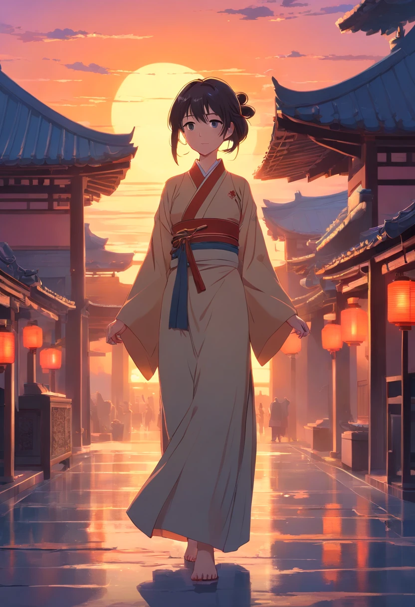 Girl in ancient or traditional Chinese clothes、Sunset、evening glow、At dusk