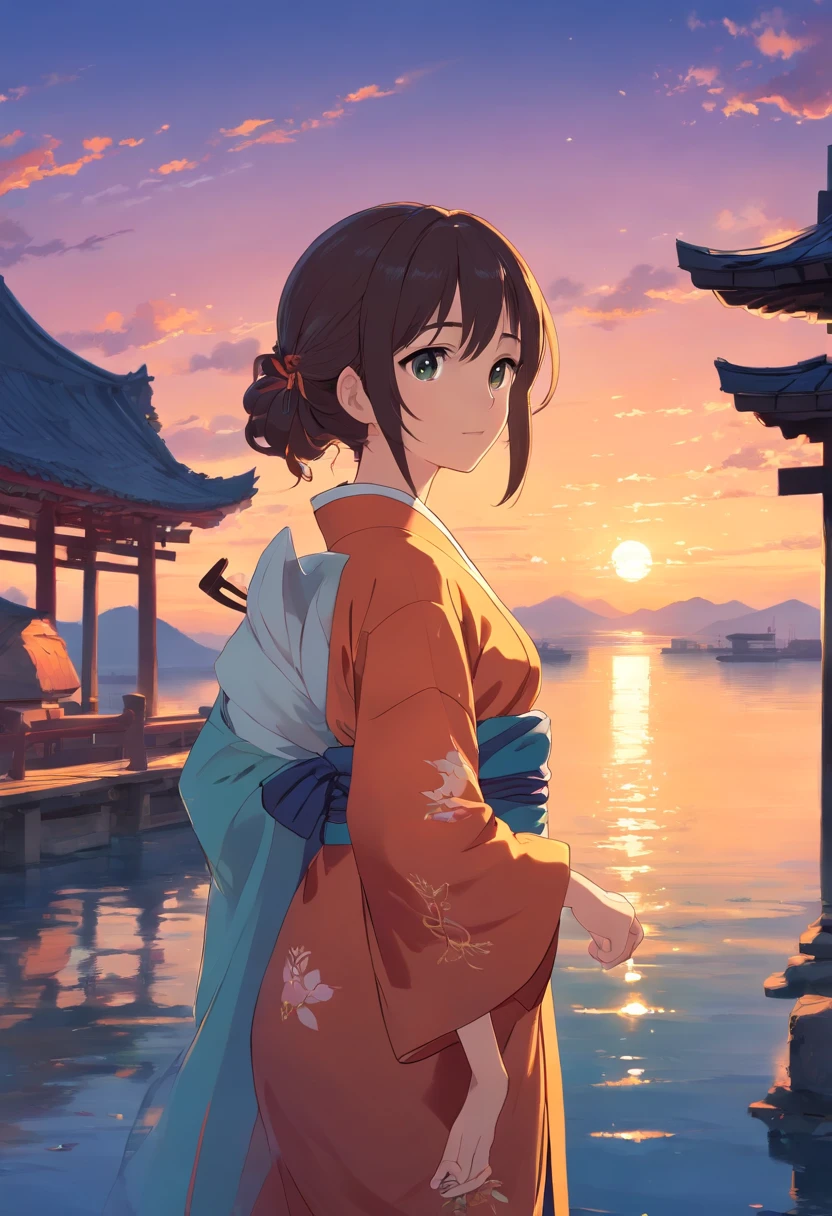 Girl in ancient or traditional Chinese clothes、Sunset、evening glow、At dusk