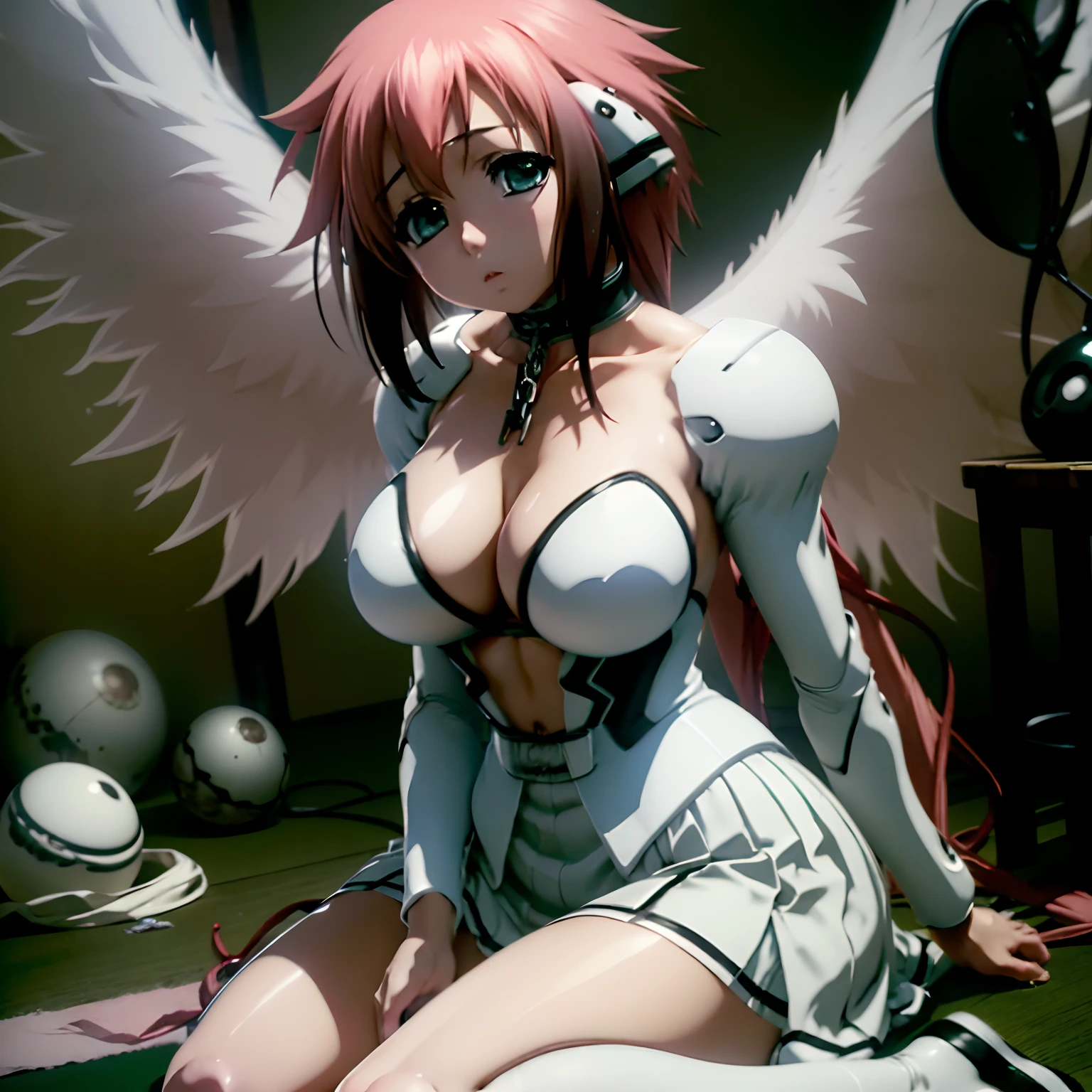 (garota hiper realista:1.4), ((Ikaros)), (Sora no otoshimono), corpo inteiro, single body, sitting on ground, (coxas internas expostas), coxas grossas, joelhos dobrados, Defronte, (cabelo longo), cabelo rosa, ((asas de anjo)), Quarto feminino, Traditional Japanese Room, Hiper realista, cinematic lighthing, (octan render), ray tracing