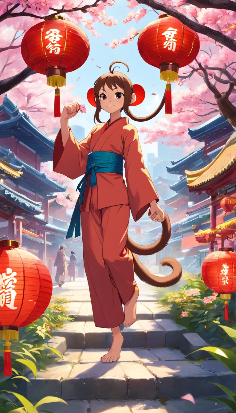 New Year Monkey，Year of the Monkey，Monkey whole body,Don't be characterized， Lunar New Year, spring flowers, Red lanterns, fundo vermelho, Extremely high quality, Full-HD, Close-up, 2023, ..。.3D