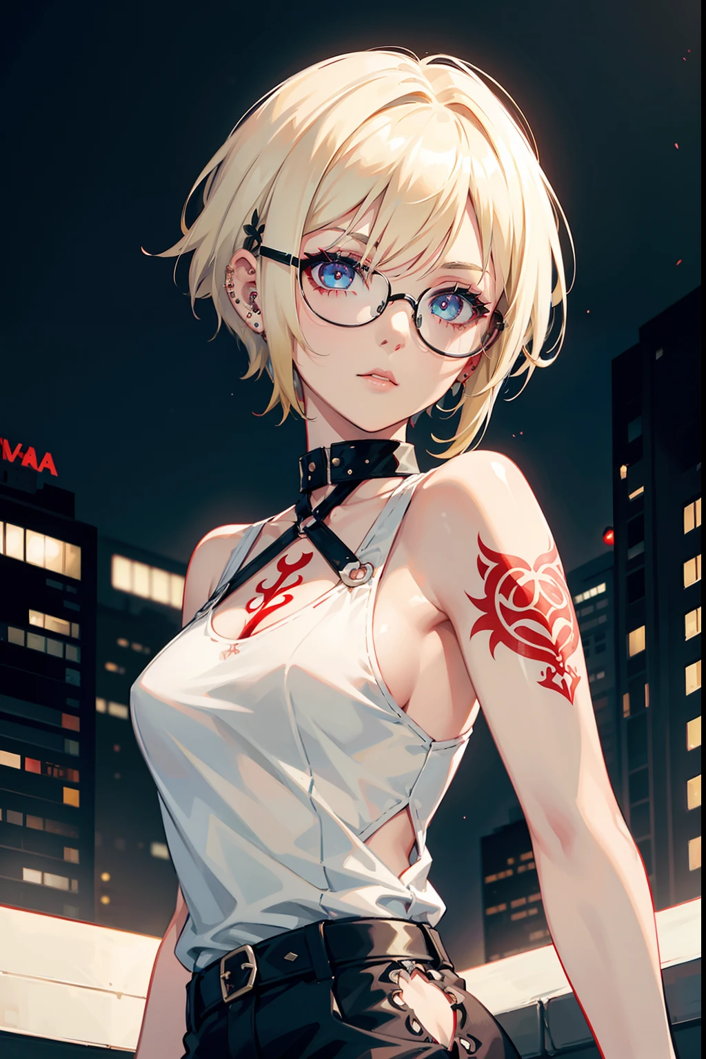 girl, riley nixon haircut, shaved hair, blonde hairstyles, very short hair, bald,, white tank shirt, red moon tattoo, right arm tattooed, wearing glasses, blonde hairstyles, riley nixon haircut, lipstick Black, piercings in the face, on a skyscraper, Looking at the viewer, Storm city, 4k