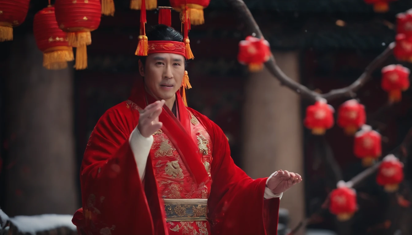In Merlin,Falling petals and snow are the background,Bright lighting,The zodiac tiger is the theme,Wearing Tang Dynasty costumes,Red firecrackers,Chinese knot