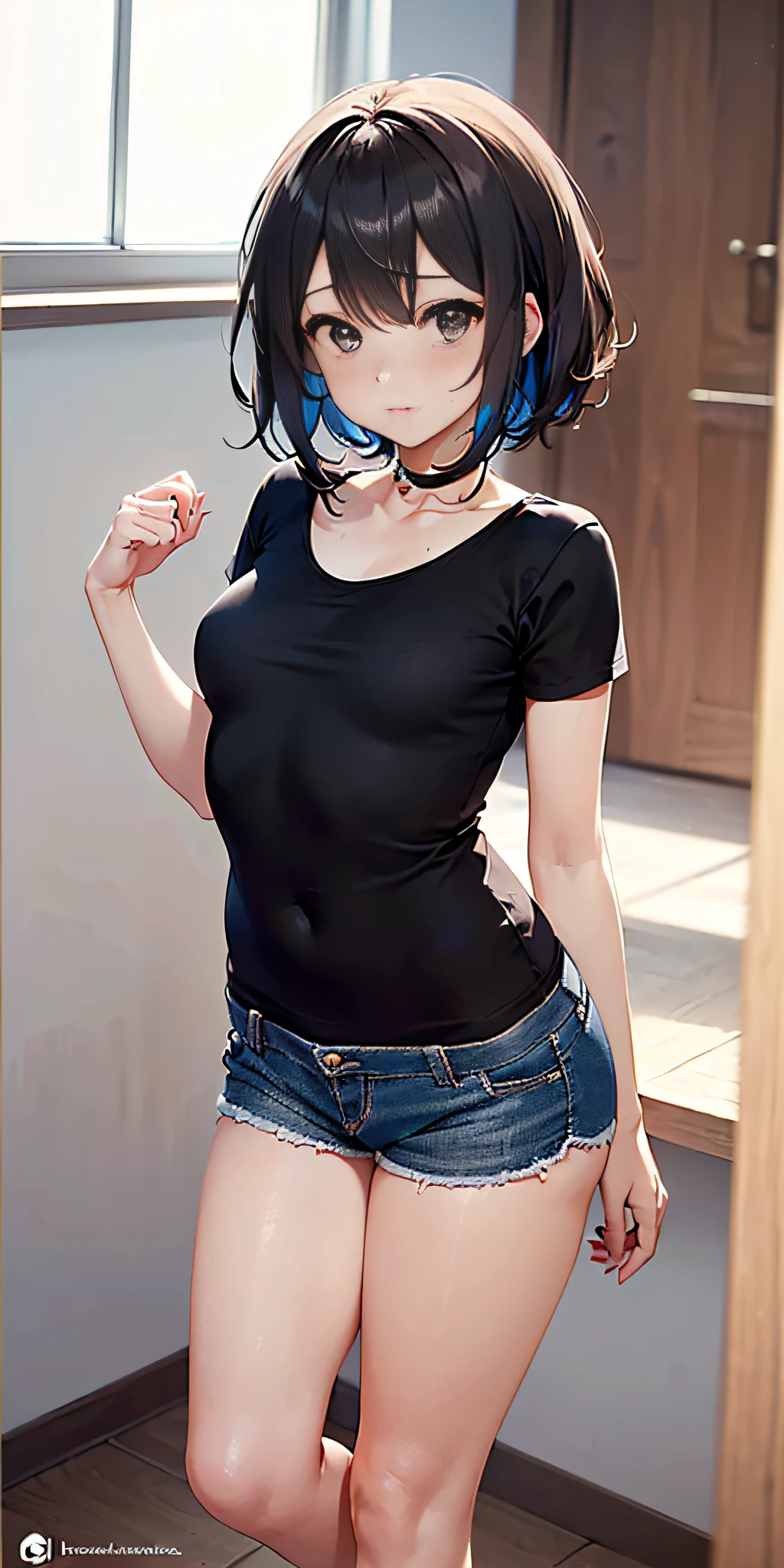 Chica con cabello azul claro atado acostada en su cama y sus brazos apoyados en su camiseta negra similar a un velo negro transparente sin mangas tiene los ojos cerrados, pantaletas sexys del mismo color que su camiseta