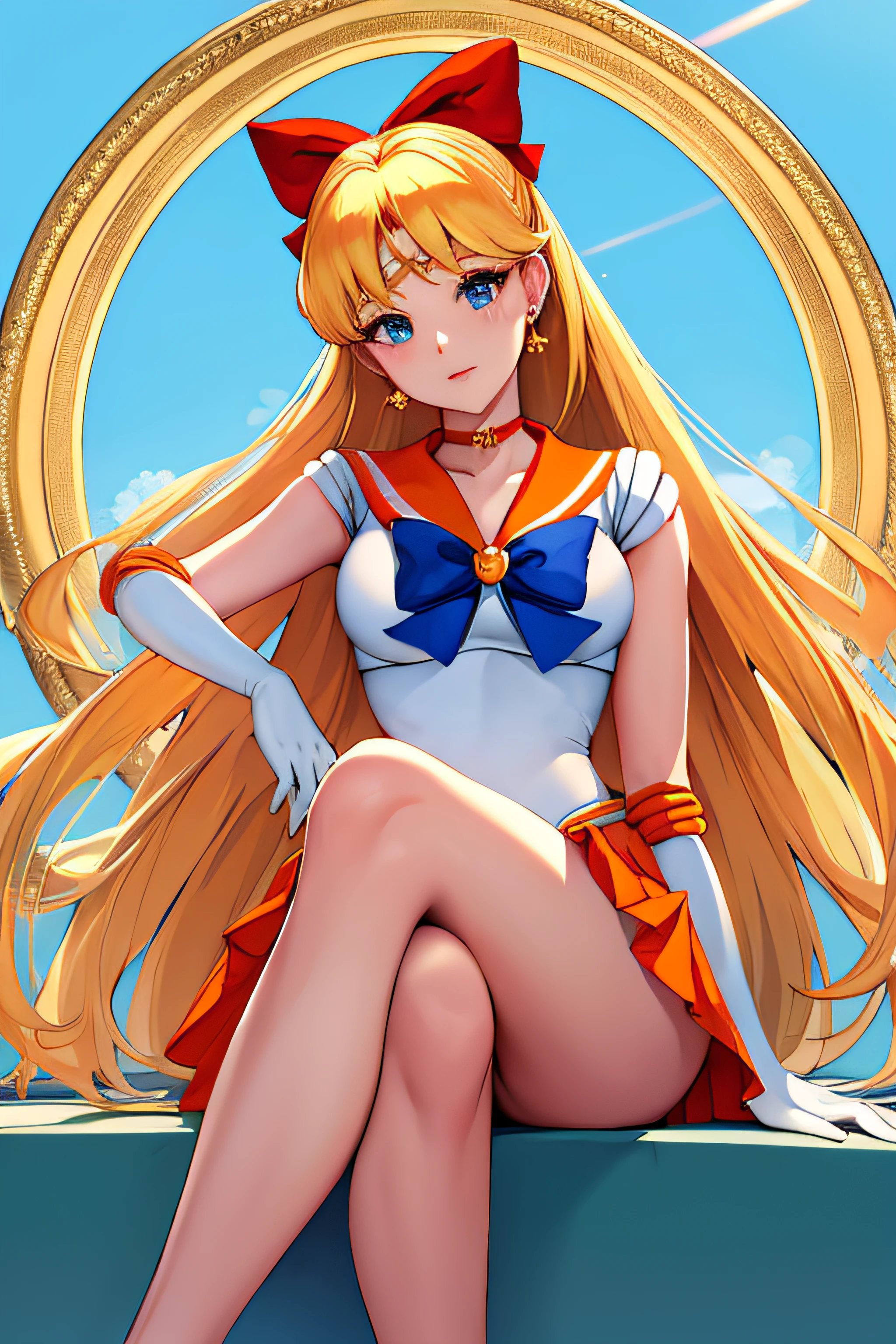 masterpiece, best quality, highres, venus1, 1girl, solo, sailor senshi uniform, sailor venus, aino minako, blonde hair, magical girl, blue eyes, orange skirt, elbow gloves, tiara, pleated skirt, hair bow, orange sailor collar, miniskirt, choker, red bow, orange choker, white gloves, very long hair,  jewelry,  earrings, sitting, crossed legs,