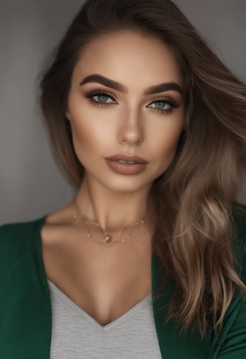 Arafed mulher com uma regata branca e colar, com olhos verdes, Retrato Sophie Mudd, cabelos castanhos e olhos grandes, selfie de uma jovem mulher, Camera eyes, Violeta Myers, sem maquiagem, Maquiagem natural, staring directly at camera, Rosto com Artgram, Maquiagem sutil, close-upheadshot impressionante, olhos verdes penetrantes