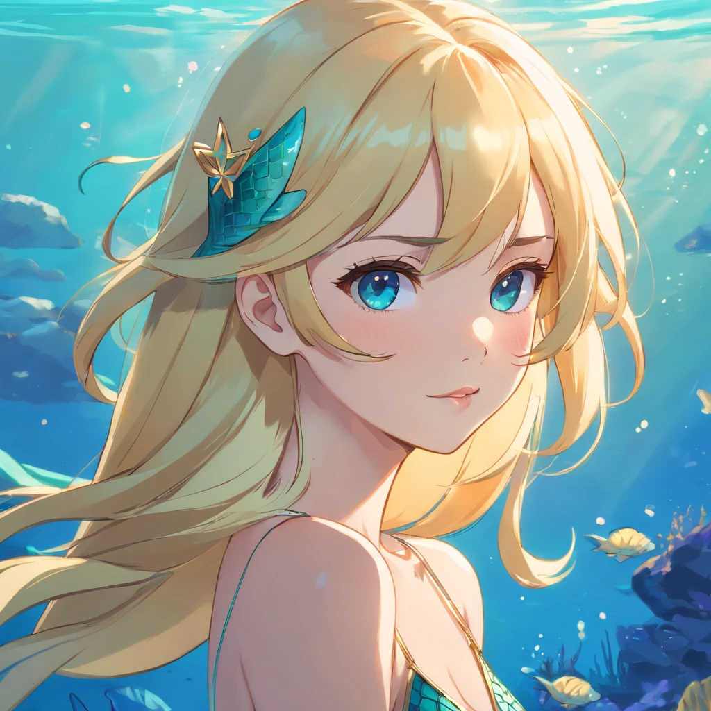 Mermaid girl anime, Avatar image, avatar with a blond hair, halfbody headshot, flat anime style shading, Blonde - Princess hair, anime woman, royal elegant pose, anime-style character, On the deer, blue, flat anime style