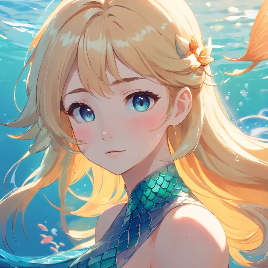 art by Cornflower, dreamy, (a mermaid who was petite and had beautiful detailed eyes. The depth of field in the photo was perfect, and the lens flare added a nice touch. The finely detailed features of her face really stood out, and the score for this photo was definitely greater than 10. In the background, there was a beautiful ocean with crystal clear water and water droplets on the surface. It was a stunning photo that really captured the beauty of the mermaid and the water.)