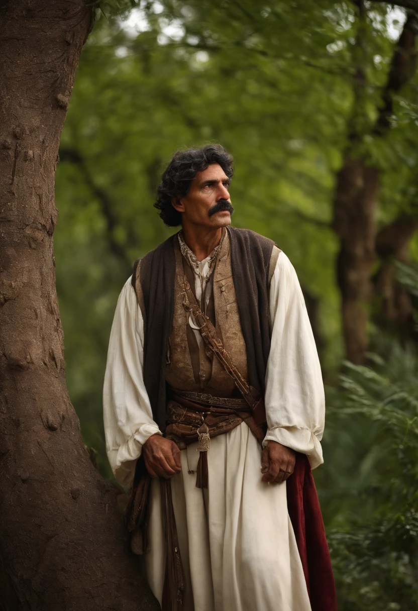 Homem, profeta do Antigo Testamento, wearing traditional men's clothing of the time, Heavy, serious, grumpy countenance, of neighborhood of a weak tree, pequena e mirrada, imagem ultrarealsita.