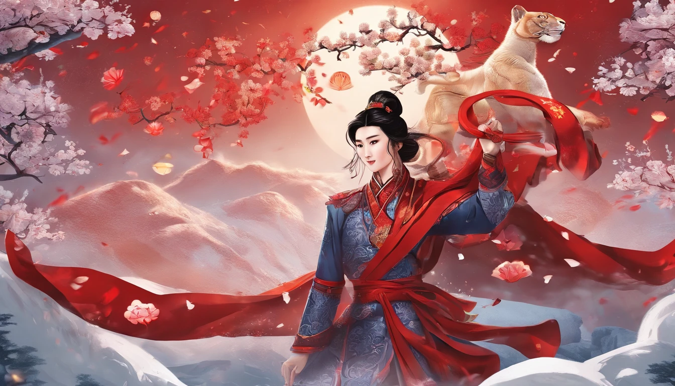 In Merlin,Falling petals and snow are the background,Bright lighting,The zodiac tiger is the theme,Wearing Tang Dynasty costumes,Red firecrackers,Chinese knot