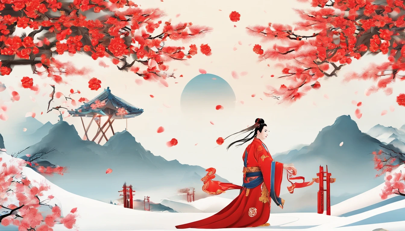 In Merlin，Falling petals and snow are the background，Bright lighting，The zodiac tiger is the theme，Wearing Tang Dynasty costumes，Red firecrackers，Chinese knot