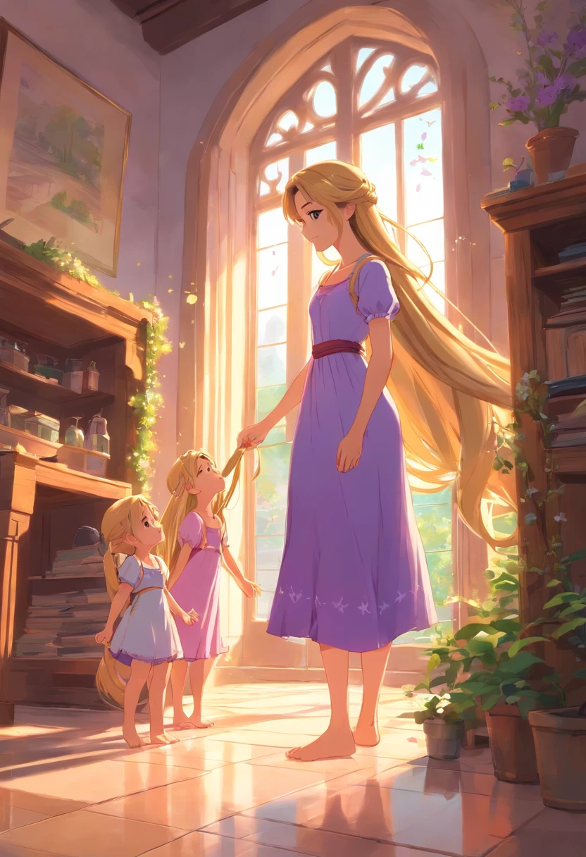 Rapunzel barefoot with her young daughters also barefoot in the tower
