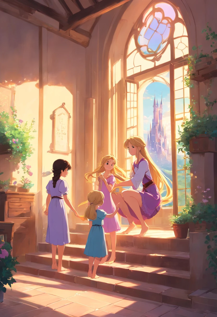 Rapunzel barefoot with her young daughters also barefoot in the tower