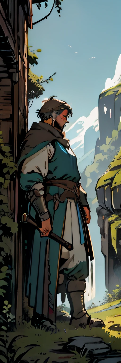 Illustration for medieval fantasy book, Medieval warrior with his back to the observer in a position of alert before a bear in an attack position, numa floresta