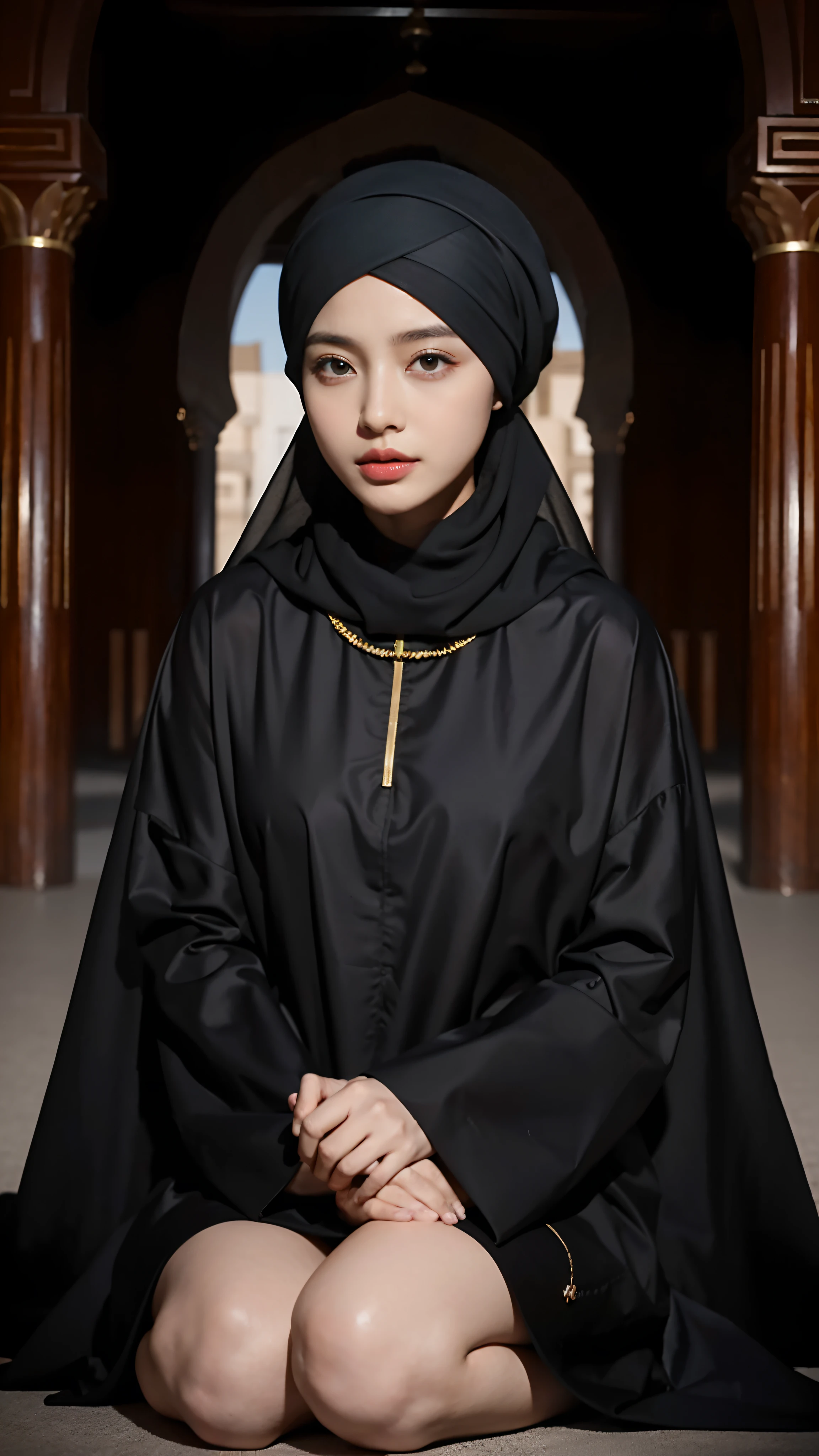 （Tomboyish,Small head)， (perfect bodies: 1.1),(short-length straighthair: 1.2), Black hair,（极其细致的CG 8k壁纸），（Extremely refined and beautiful），（tmasterpiece），（best qualtiy：1.0），（超高分辨率：1.0），Upper body，The two took a group photo，[A high resolution]，Smooth and flawless fair skin，ultra - detailed ，Two beautiful girls，Embrace each other，Elongated legs，Big chest，（Rounded figure：1.5），Wearing an Arabic turban and veil，Face covered by black veil，Gorgeous Abaya，In front of a large mosque，Kneel upright，from the front side，Close-up， In meditation，Kindly