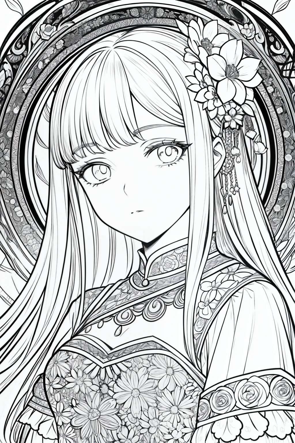 obra prima, melhor qualidade, (fundo detalhado), Alto contraste, 1 , head close-up, With a dress from India, Fundo da flor, (fundo branco: 1.5), desenhos de linhas limpas,