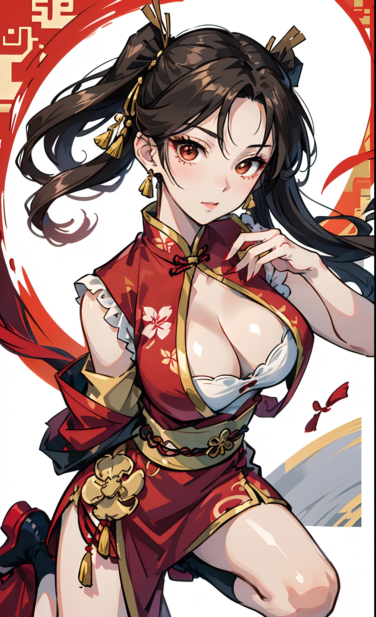 Close-up of a woman in red posing for a photo, Japanese goddess, mai shiranui, yoko matsugane as mai shiranui, tohsaka-rin, very sexy outfit, seductive anime girls, intriguing outfit, trending at cgstation, full-body xianxia, cleavage, Wearing a red cheongsam, gorgeous chinese models