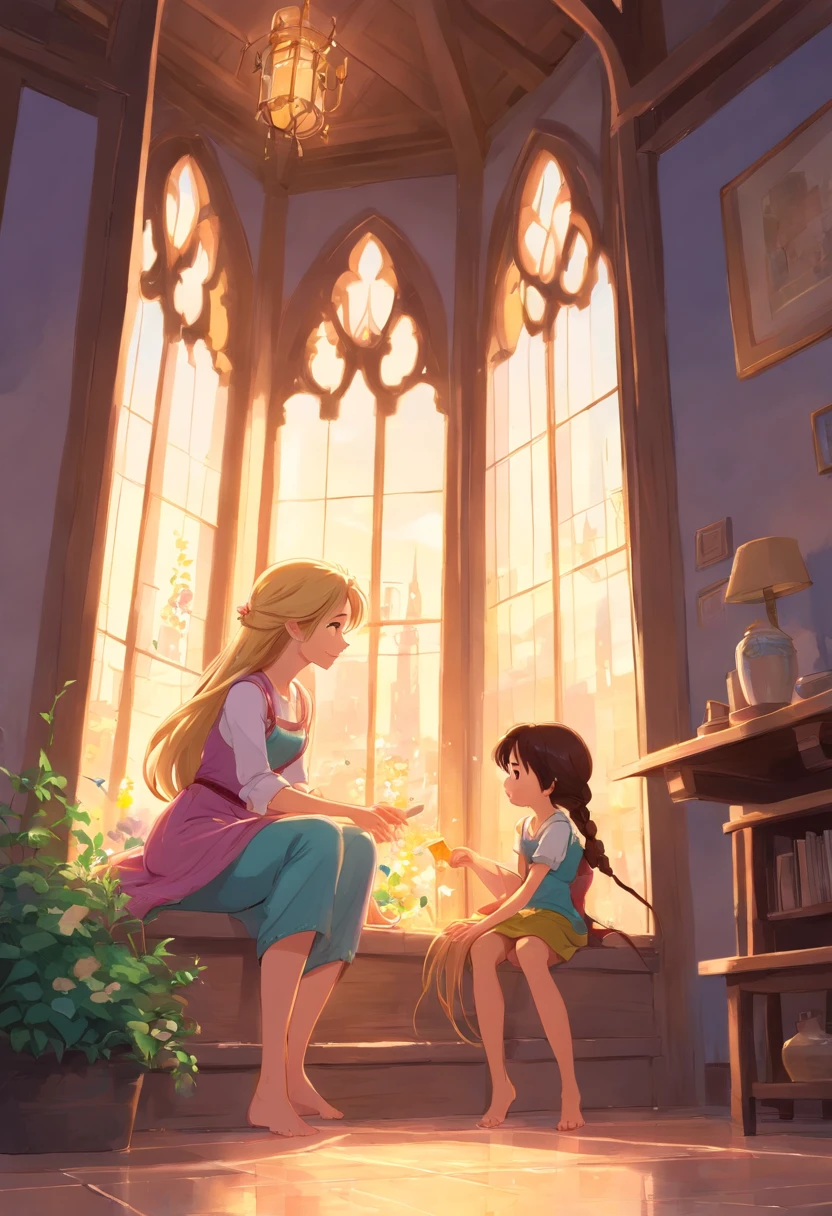Rapunzel barefoot with her young daughters also barefoot in the tower