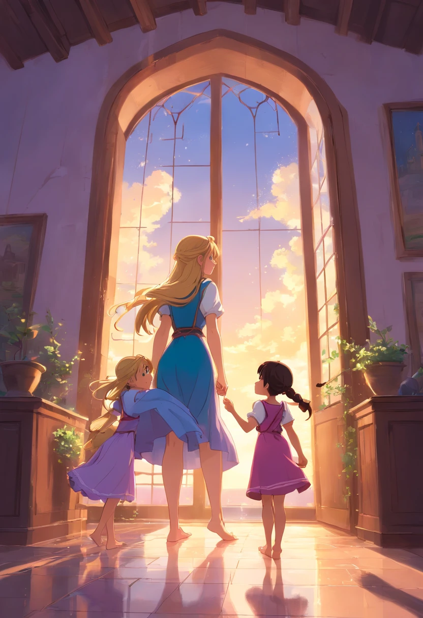Rapunzel barefoot with her young daughters also barefoot in the tower