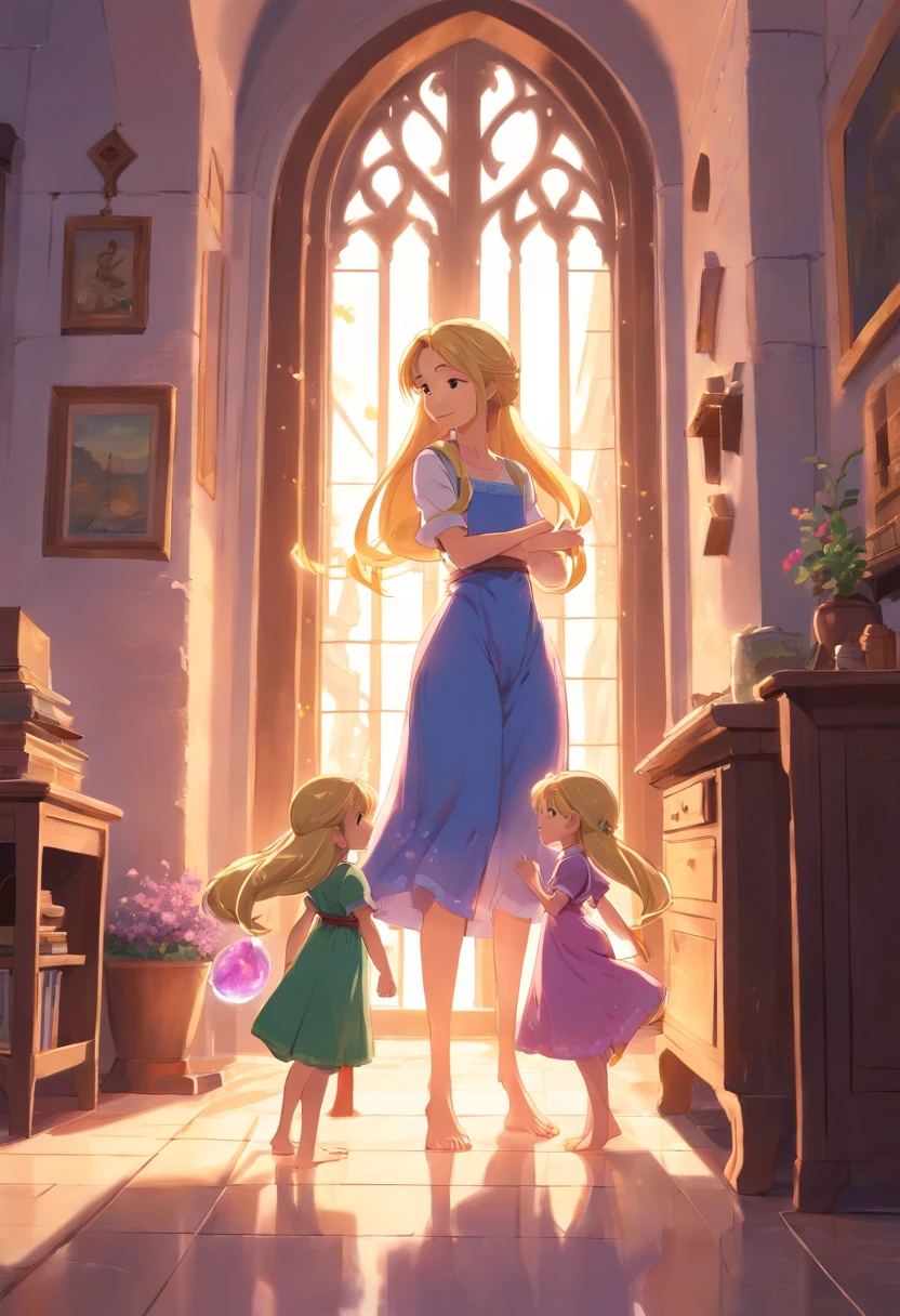 Rapunzel barefoot with her young daughters also barefoot in the tower