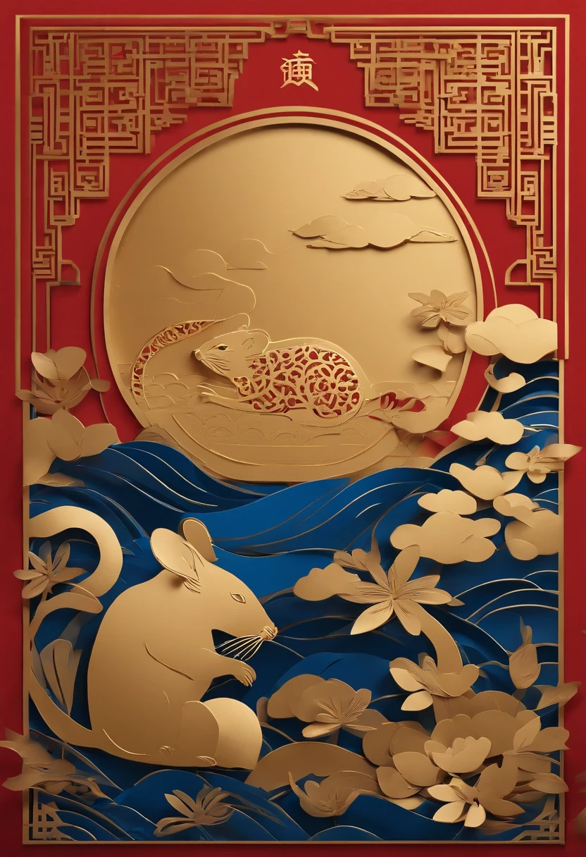 Chinese New Year,Year of the Rat,Golden-blue,Don't be red,Paper Cuttings style,، simple,Commercial posters,delight