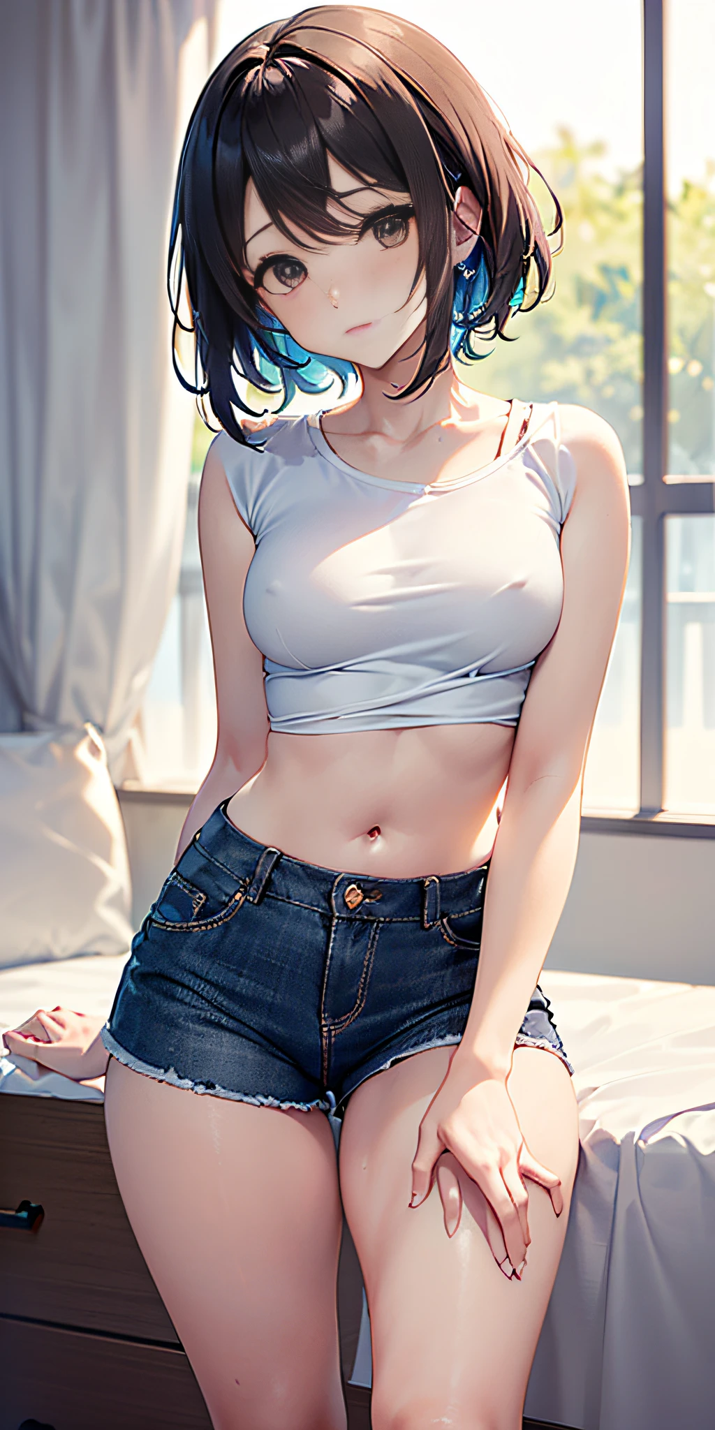 ((anime, anime profesional, una joven delgada y bien dotada con ojos marrones y cabello corto de color azul claro y flequillo enmarcando su rostro, Lleva un adorno azul en el lado izquierdo de su cabeza, lleva una capa sujetada por un clip en forma de estrella, con protuberancias plumosas alrededor de su pecho, hombros y parte media de la espalda, sobre su blusa y pantalones super cortos. La capa se abre a sus pies, donde se divide en secciones fluidas aseguradas por cintas. Lleva un par de calcetas color negro que le llegan hasta la mitad del muslo))