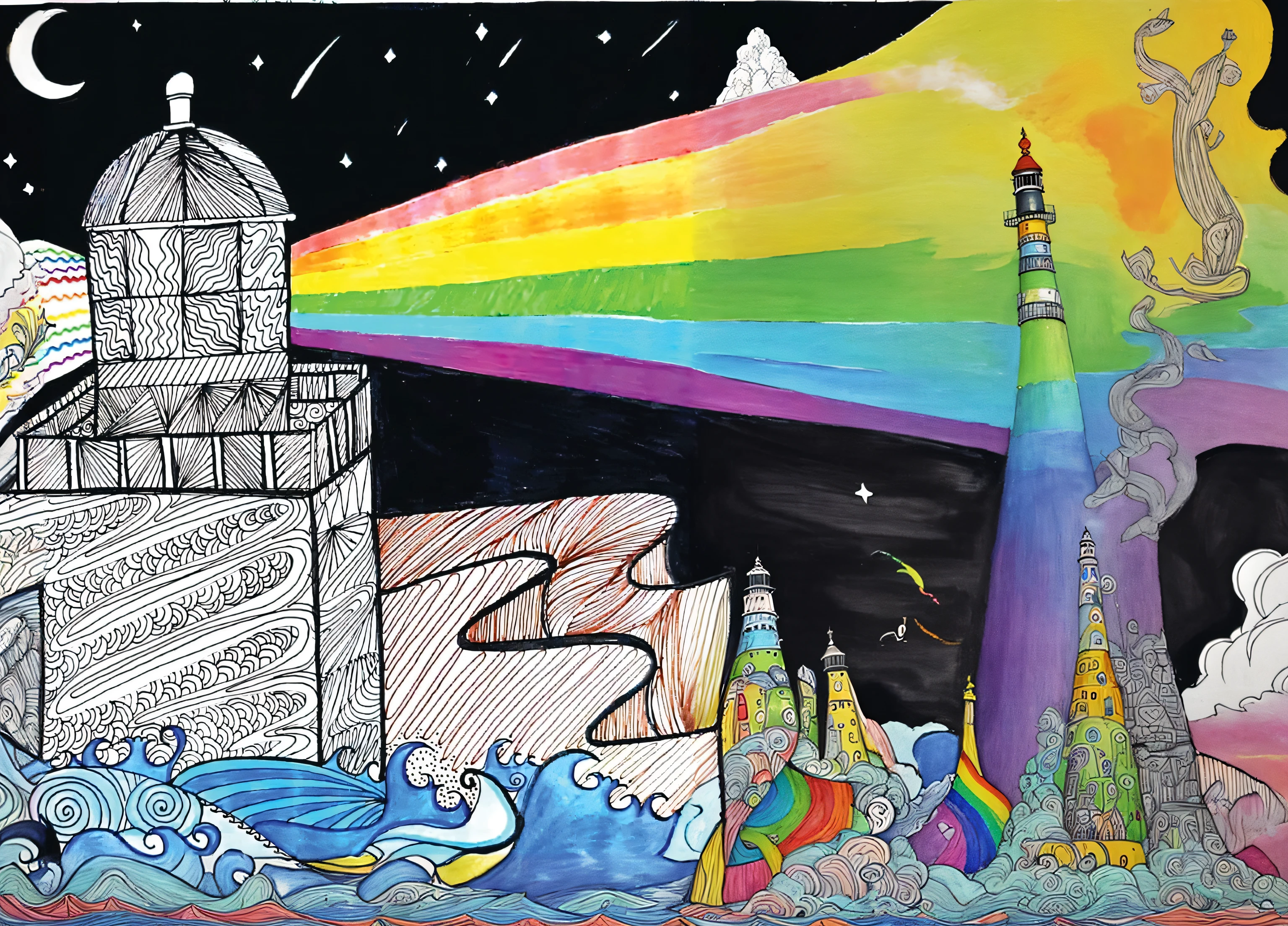 painting of a lighthouse with a rainbow in the sky, inspired by Okuda Gensō, still of rainbow ophanim, bold lighthouse in horizon, colouring - in sheet, painted tower of the moon, lighthouse, coloring book page, the tower tarot card, inspired by Friedensreich Hundertwasser, whole page illustration, published art, light house