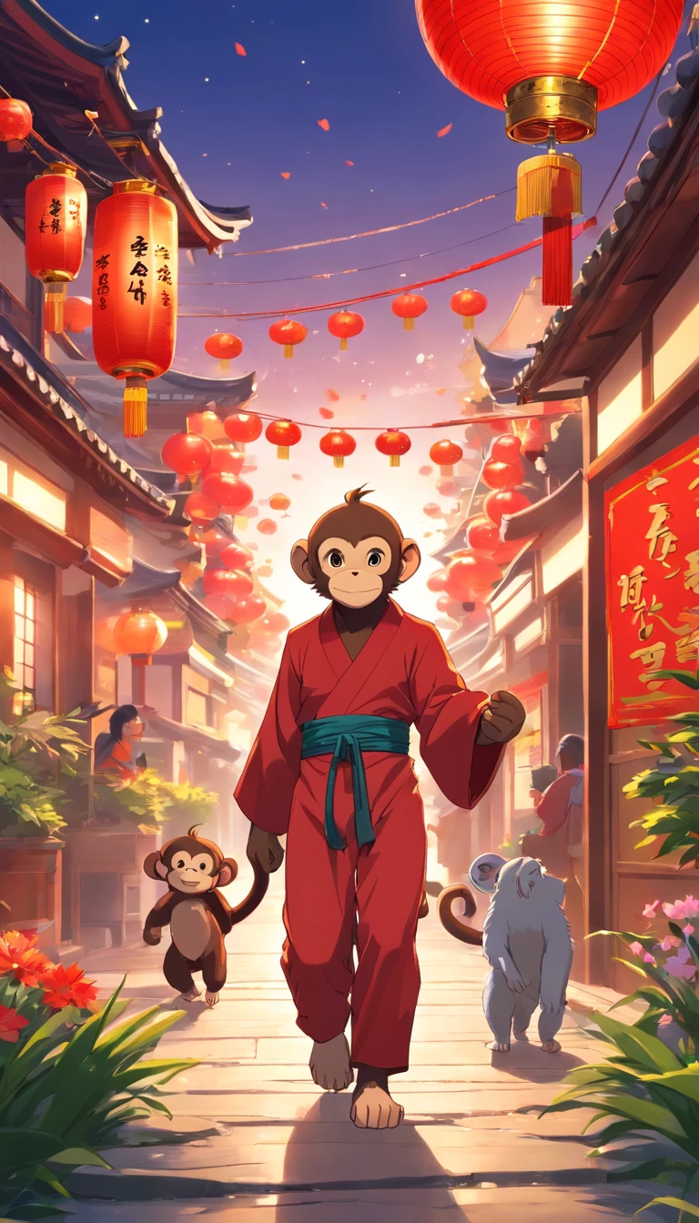 New Year Monkey,Year of the Monkey,Monkey whole body,critters, Lunar New Year, spring flowers, Red lanterns, fundo vermelho, Extremely high quality, Full-HD, Close-up, 2023, ..。.3D