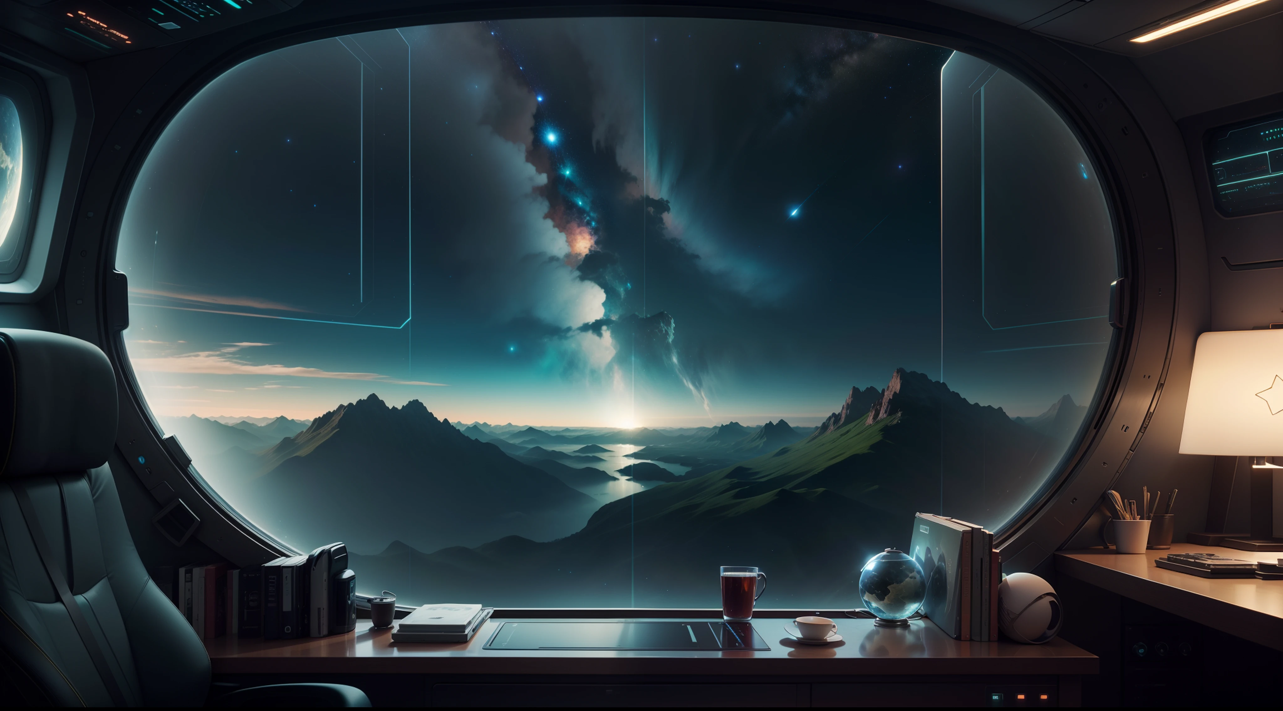 relaxing scene, view from a starship's window, ultrarealisitc, 8k, detailed, space, stars, universe, big windows, stuffs, planet, deepspace, calming, futuristic, green noise