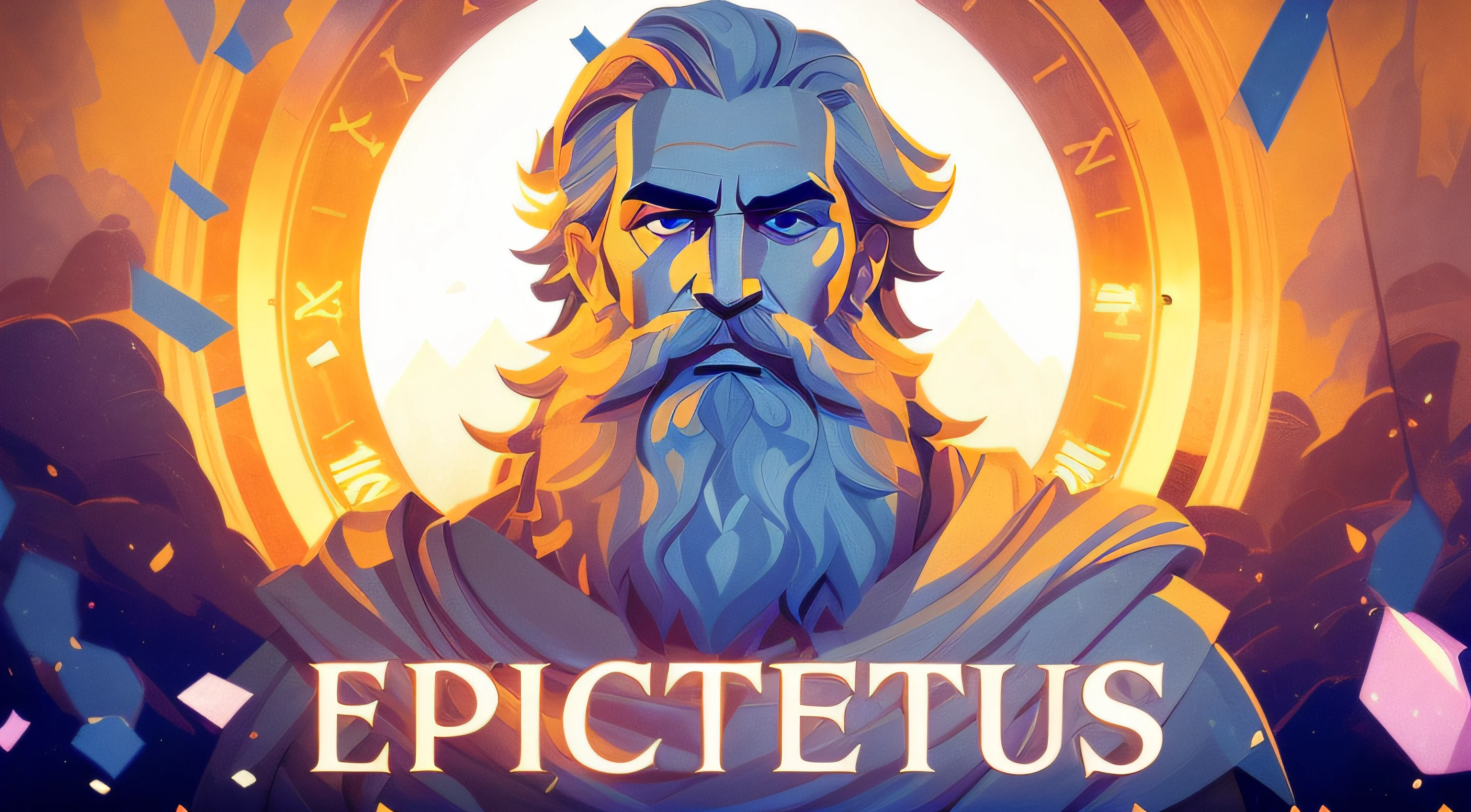 a picture of a man with a beard and a clock in the background, epic scene of zeus, epic exquisite character art, epic, epic, epic fantasty card game art, epic portrait illustration, epic digital art illustration, epic rpg portrait, epic video game art, portrait of rugged zeus, epic artwork, epic art, epic full color illustration, by Drew Tucker